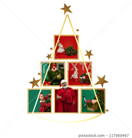 Christmas tree collage filled with scenes of holiday preparations, framed by golden stars, excitement of getting ready for Christmas. Contemporary art 117868467
