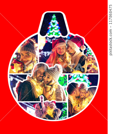 Christmas ornament collage of family enjoying holiday lights, warmth, love, and the festive spirit, against red background. Contemporary art collage. 117868475