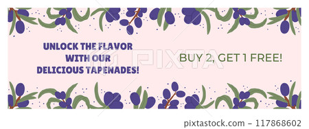 Promotional Horizontal Banner with Purple Olive Branches and Green Leaves. Highlight special offer buy 2 get 1 free, emphasizing premium quality products Promotional Horizontal Banner with Purple Olive Branches and Green Leaves. Highlight special offer buy 2 get 1 free, emphasizing premium quality products 117868602