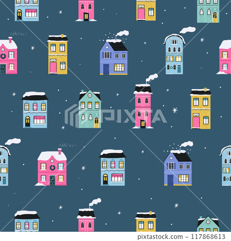 Festive Christmas Seamless Pattern with Colorful Decorated Buildings Festive Christmas Seamless Pattern with Colorful Decorated Buildings 117868613