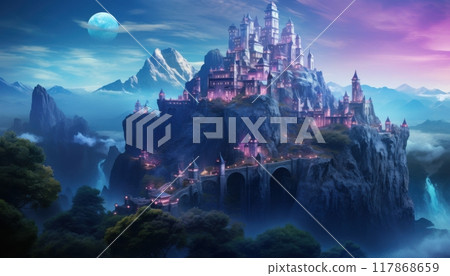 Majestic Mountain Castle Under Twilight Sky with Mystical Glow. 117868659