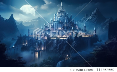 Majestic Mountain Castle Under Twilight Sky with Mystical Glow. 117868660