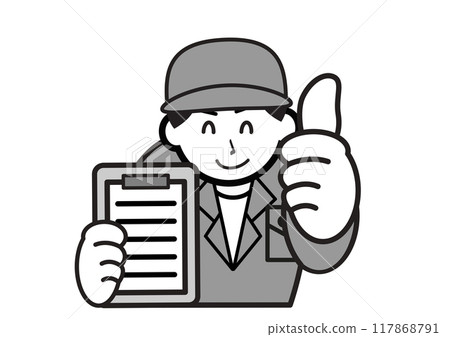 A man in work clothes making an OK pose while holding documents 117868791