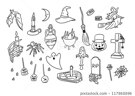 Halloween spooky contour doodle drawing set Halloween spooky contour doodle drawing set 117868896