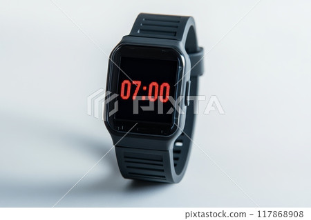 Modern black smartwatch displaying time 07 00 117868908