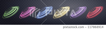 Glowing magic circles set. Neon realistic energy flare rings with sparkling particles. Abstract light effect on a dark transparent background. Vector illustration. 117868914