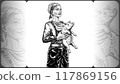 Pretty farmer woman holding happy baby pig in arms. Girl takes care of a piglet. Agricultural pig breeding and farming. Vector hand drawn retro illustration in the hatched engraved ink line art style Pretty farmer woman holding happy baby pig in arms. Girl takes care of a piglet. Agricultural pig breeding and farming. Vector hand drawn retro illustration in the hatched engraved ink line art style 117869156