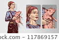 Cute country girl is a pig farm worker. A female farmer holding a piglet in hands. Breeding and care of animals in agriculture. Retro vintage vector illustration in the colored hatched engraving style Cute country girl is a pig farm worker. A female farmer holding a piglet in hands. Breeding and care of animals in agriculture. Retro vintage vector illustration in the colored hatched engraving style 117869157