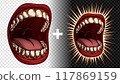 Open mouth. Color vector illustration in retro modern comic graphics style. Design on radial explosion background - for t-shirt, sticker, emblem, banner. Punk Rock symbol of boldness and rebellion. Open mouth. Color vector illustration in retro modern comic graphics style. Design on radial explosion background - for t-shirt, sticker, emblem, banner. Punk Rock symbol of boldness and rebellion. 117869159