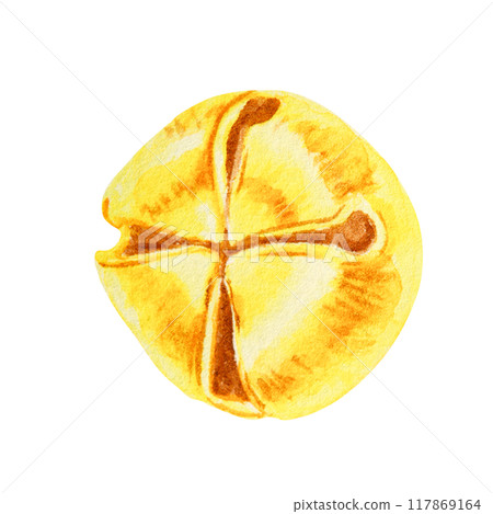 Golden metal round Jingle bell. Hand drawn watercolor realistic clip art. Element of New Year and Christmas design. Cut out and isolated musical symbol of winter is suitable for holiday prints 117869164