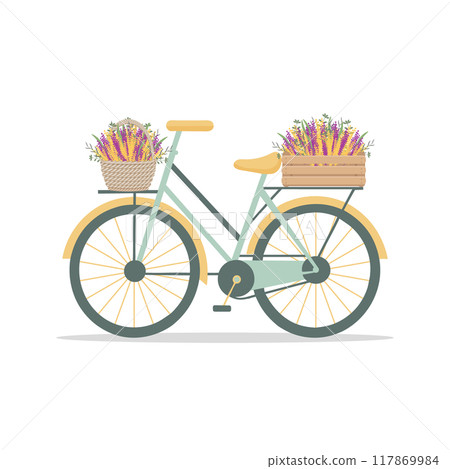 Retro bicycle with colorful flowers in crate and basket. Hand drawn bike on white background. Illustration in flat style 117869984