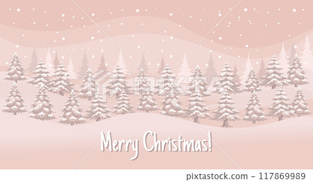 Christmas winter landscape background. Merry Christmas greeting card template. Illustration in flat style. 117869989
