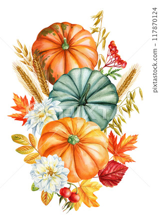 Colored pumpkin, flower, leaves isolated background, watercolor botanical illustration hand drawing autumn poster design 117870124