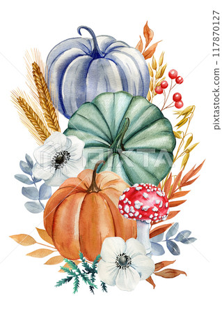 Colored pumpkin, flower, leaves isolated background, watercolor botanical illustration hand drawing autumn poster design 117870127