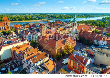 Aerial panoramic view of historical buildings and roofs in Polish medieval town Torun 117870153