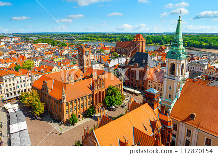Aerial panoramic view of historical buildings and roofs in Polish medieval town Torun Aerial panoramic view of historical buildings and roofs in Polish medieval town Torun 117870154