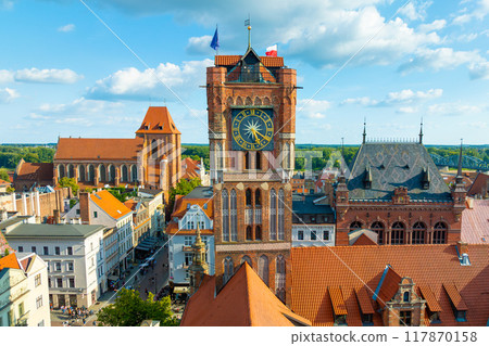Aerial panoramic view of historical buildings and roofs in Polish medieval town Torun Aerial panoramic view of historical buildings and roofs in Polish medieval town Torun 117870158