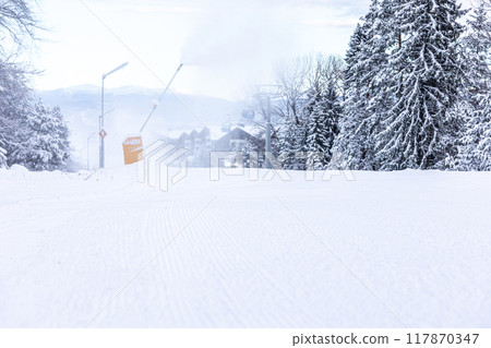 Ski resort Bansko, Bulgaria, gondola ski lift cabins 117870347