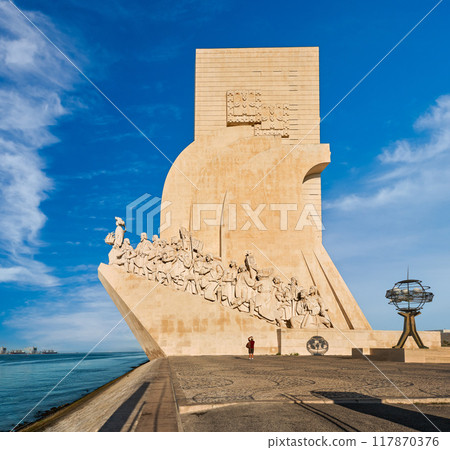 Monument to Discoveries or Padrao dos Descobrimentos to Age of Exploration, shaped as ship woth statues of Prince Henry the Navigator and great people of Portuguese seafarers history, Lisbon, Portugal 117870376