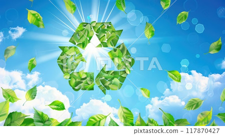Eco-friendly icon with blue and green recycling symbol and leaves, set against blue sky with light clouds. Icon representing the ecological call to recycle 117870427