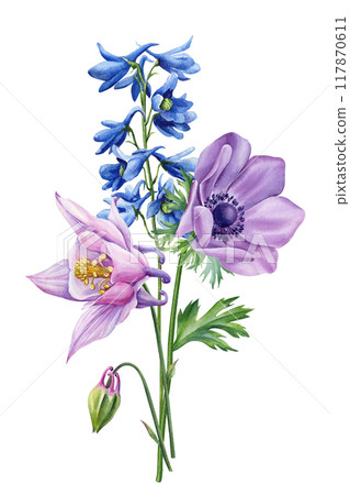 Flowers, branch leaves, buds on white background, watercolor illustration, floral clipart arrangements, wedding design Flowers, branch leaves, buds on white background, watercolor illustration, floral clipart arrangements, wedding design 117870611