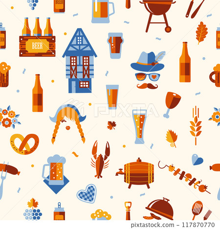 Oktoberfest seamless surface pattern. Beer festival icon pattern design on light background. Oktoberfest seamless surface pattern. Beer festival icon pattern design on light background. 117870770