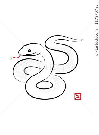 Illustration of an auspicious white snake coiled in a figure of eight. Stylish New Year's card material for the Year of the Snake in a sumi-e style. Vector 117870783