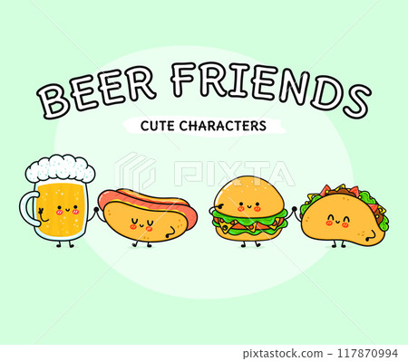 Cute, funny happy glass of beer, hot dog, hamburger, taco . Vector hand drawn cartoon kawaii characters, illustration icon. Funny cartoon glass of beer, hot dog, hamburger, taco mascot friends concept Cute, funny happy glass of beer, hot dog, hamburger, taco . Vector hand drawn cartoon kawaii characters, illustration icon. Funny cartoon glass of beer, hot dog, hamburger, taco mascot friends concept 117870994