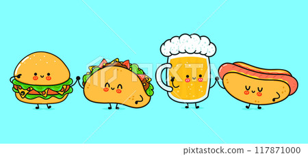 Cute, funny happy glass of beer, hot dog, hamburger, taco . Vector hand drawn cartoon kawaii characters, illustration icon. Funny cartoon glass of beer, hot dog, hamburger, taco mascot friends concept 117871000