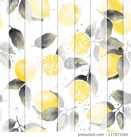 Striped background with hand drawn lemons. Fruit seamless pattern. Striped background with hand drawn lemons. Fruit seamless pattern. 117871080