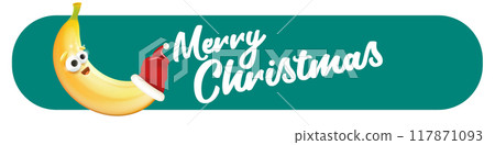 Merry Christmas horizontal button and banner with funny cartoon banana character wearing santa red hat isolated on green background. Green Funny and cute Christmas card and button with smiling Banana 117871093
