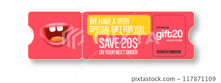 Vector PINK Gift Voucher with Coupon Code And Cute Funny Monster Character. Kawaii Design with Happy Face Emoji. Pink Discount Offer Graphic with Promo Code for restaurant and cafe. Vector PINK Gift Voucher with Coupon Code And Cute Funny Monster Character. Kawaii Design with Happy Face Emoji. Pink Discount Offer Graphic with Promo Code for restaurant and cafe. 117871109