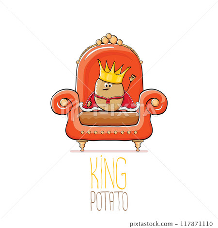 vector funny cartoon cute brown smiling king potato with golden royal crown and red mantle or cape sitting on orange throne isolated on white background. vegetable funky food drawn character vector funny cartoon cute brown smiling king potato with golden royal crown and red mantle or cape sitting on orange throne isolated on white background. vegetable funky food drawn character 117871110