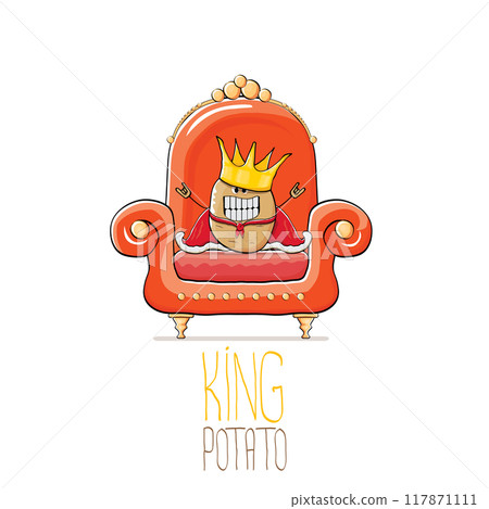 vector funny cartoon cute brown smiling king potato with golden royal crown and red mantle or cape sitting on orange throne isolated on white background. vegetable funky food drawn character vector funny cartoon cute brown smiling king potato with golden royal crown and red mantle or cape sitting on orange throne isolated on white background. vegetable funky food drawn character 117871111
