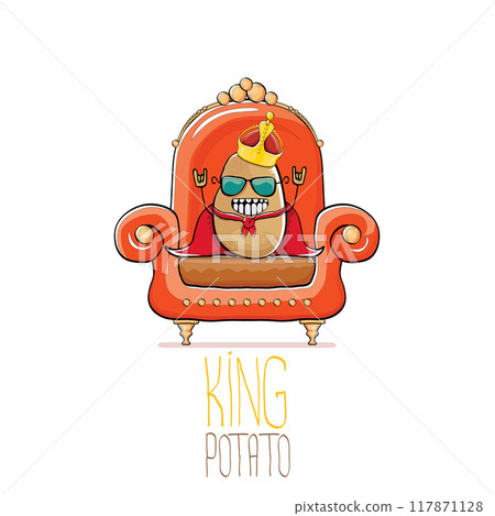 vector funny cartoon cute brown smiling king potato with golden royal crown and red mantle or cape sitting on orange throne isolated on white background. vegetable funky food drawn character 117871128