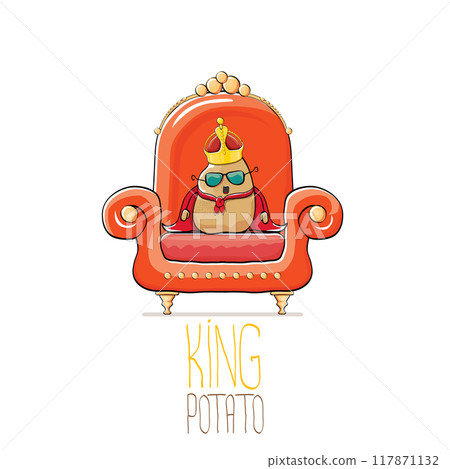 vector funny cartoon cute brown smiling king potato with golden royal crown and red mantle or cape sitting on orange throne isolated on white background. vegetable funky food drawn character 117871132