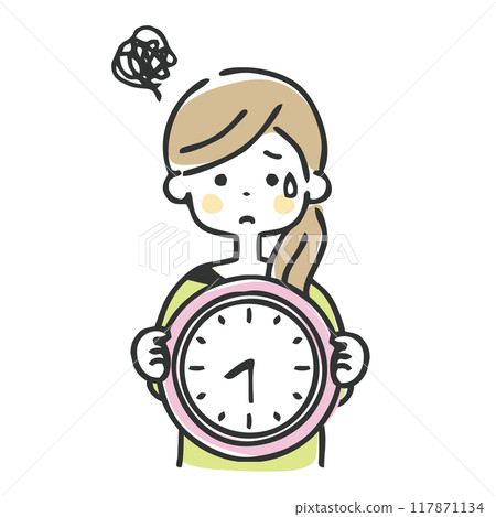 A woman in trouble holding a watch 117871134