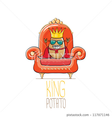 vector funny cartoon cute brown smiling king potato with golden royal crown and red mantle or cape sitting on orange throne isolated on white background. vegetable funky food drawn character 117871146