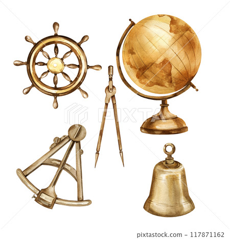 watercolor set of vintage nautical equipment, old brown globe of earth, navigation tools, sextant and divider, metal ship bell, steering wheel of boat, historical illustration, for adventure posters 117871162