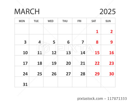 Calendar march 2025 icon in flat style. Planner vector illustration on isolated background. Calender sign business concept. Calendar march 2025 icon in flat style. Planner vector illustration on isolated background. Calender sign business concept. 117871333