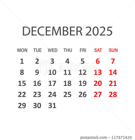 Calendar december 2025 icon in flat style. Planner vector illustration on isolated background. Calender sign business concept. 117871420