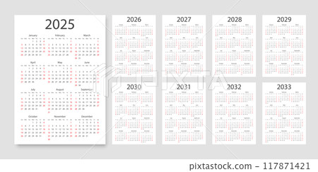 Calendar grids from 2025 to 2033 icon in flat style. Planner vector illustration on isolated background. Calender sign business concept. Calendar grids from 2025 to 2033 icon in flat style. Planner vector illustration on isolated background. Calender sign business concept. 117871421