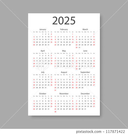 Calendar 2025 year icon in flat style. Planner vector illustration on isolated background. Calender sign business concept. Calendar 2025 year icon in flat style. Planner vector illustration on isolated background. Calender sign business concept. 117871422