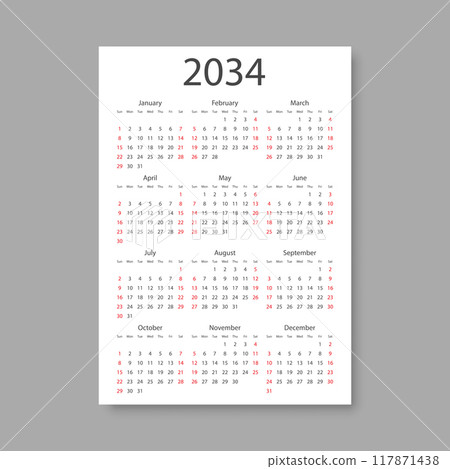 Calendar 2034 year icon in flat style. Planner vector illustration on isolated background. Calender sign business concept. Calendar 2034 year icon in flat style. Planner vector illustration on isolated background. Calender sign business concept. 117871438