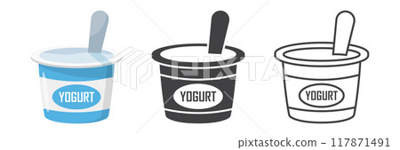 Yogurt container with a spoon icons set in flat style. Dairy product background vector illustration on isolated background. Healthy food sign business concept. 117871491
