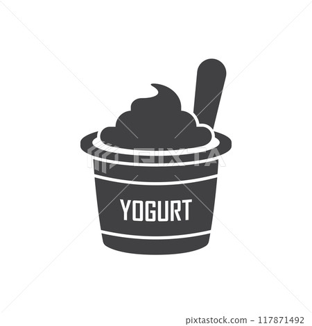 Yogurt container with a spoon icon in flat style. Dairy product background vector illustration on isolated background. Healthy food sign business concept. 117871492