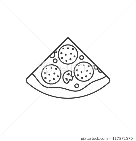 Piece of pizza icon in flat style. Pepperoni slice food vector illustration on isolated background. Pizzeria sign business concept. Piece of pizza icon in flat style. Pepperoni slice food vector illustration on isolated background. Pizzeria sign business concept. 117871570