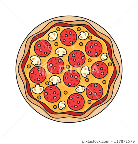 Pizza icon in flat style. Pepperoni food vector illustration on isolated background. Pizzeria sign business concept. 117871579