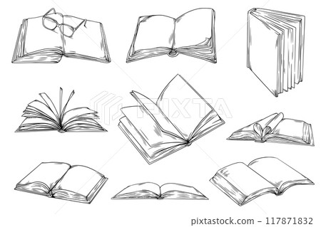 Open Books, Hand drawn Line Sketch Illustration Bundle 117871832