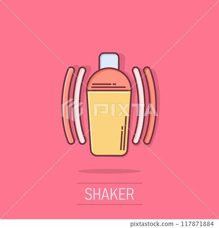 Shaker cocktail icon in comic style. Alcohol bottle cartoon vector illustration on white isolated background. Bar drink splash effect business concept. 117871884
